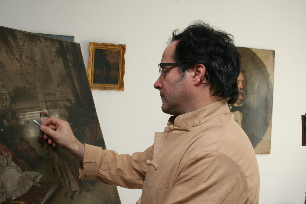 Restaurator für Gemälde, Giuseppe in der Werkstatt